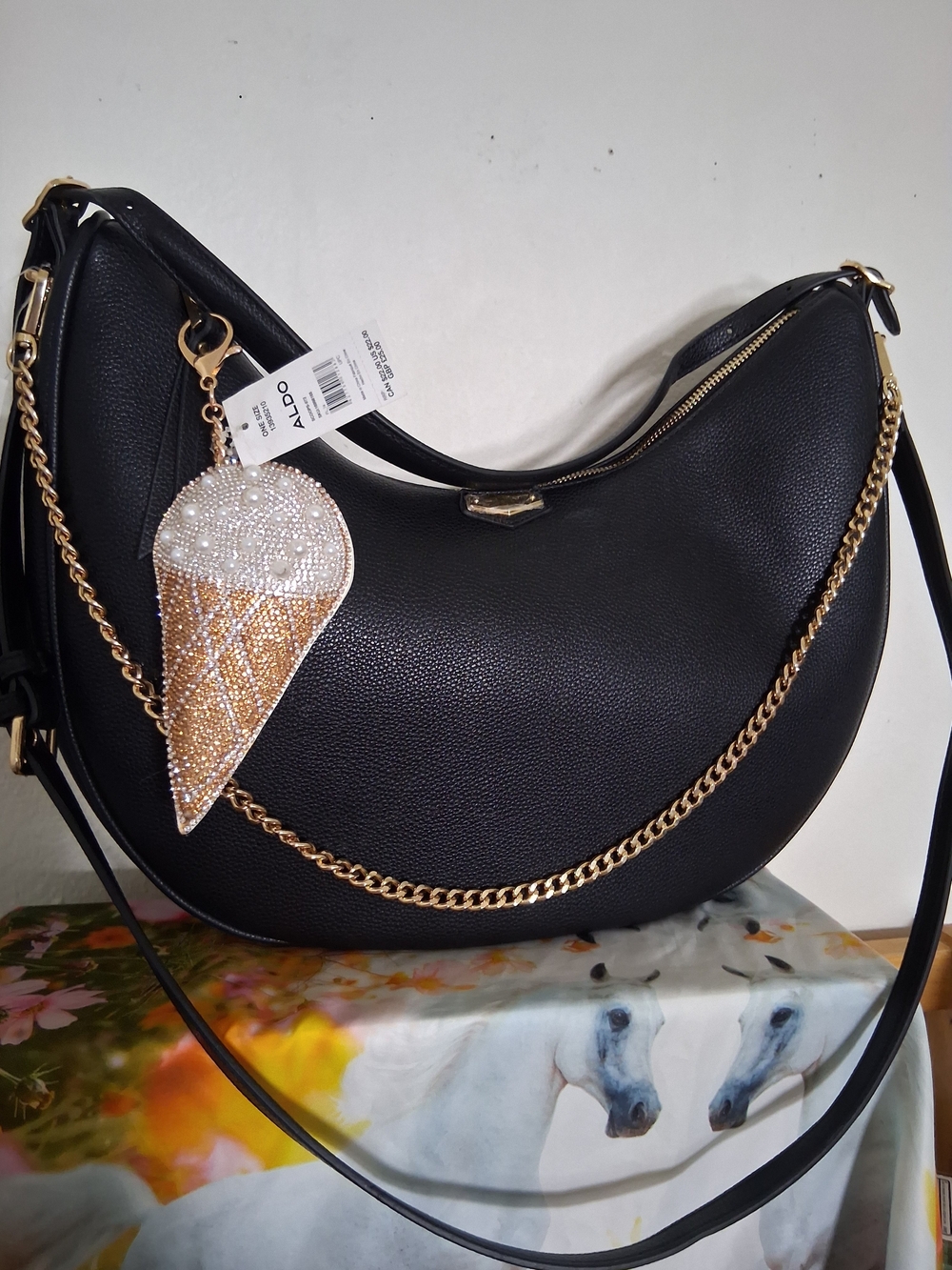 ALDO Black Crescent Shoulder Bag with Gold Chain